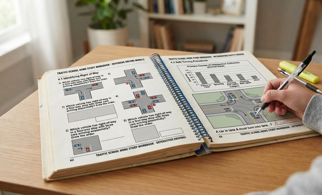 An open spiral-bound traffic school home study workbook on a table, with a hand answering a right-of-way question in pen.